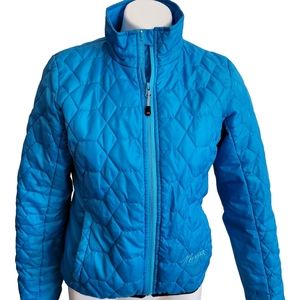 Marker Puffer Ski Jacket Coat Women Size Small Blue Logo Black Edges High Collar